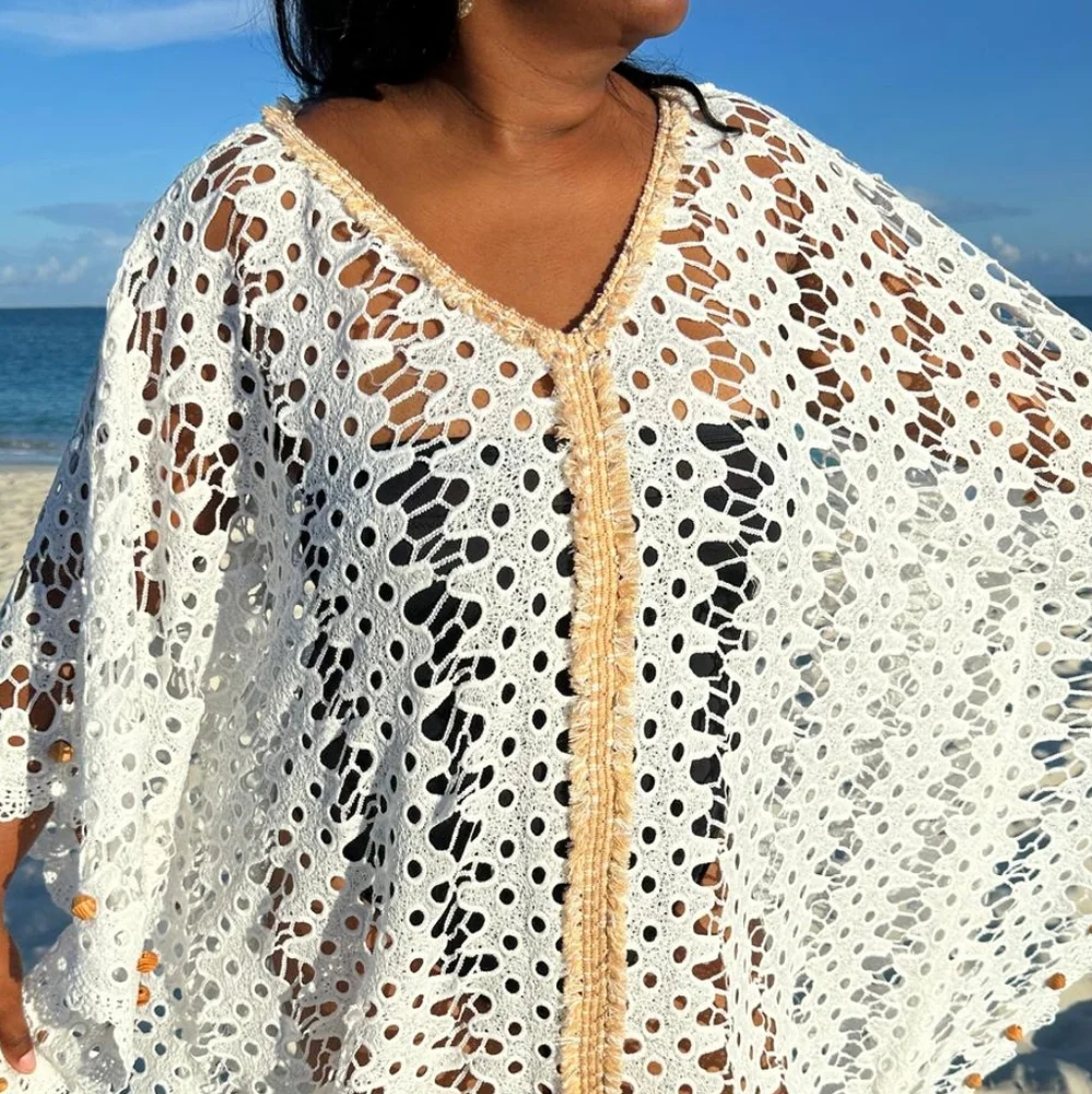 ✨️Bohemian Vibes✨️  Limited quantities! Ecru Crochet Kaftan w/ Wooden Beads - Picture 8 of 17